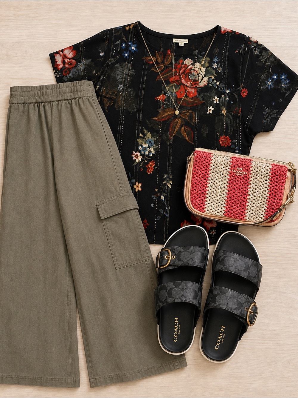 New Directions Floral Mixed Media Blouse + Marine Layer Cargo Pants Coach Access